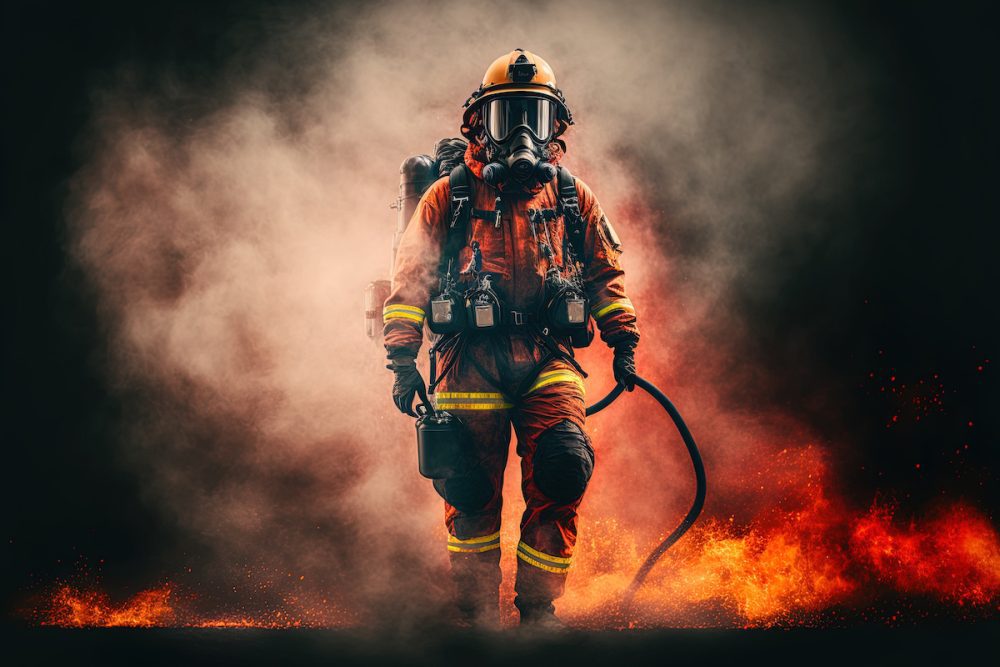 photo of firefighter in training, using extinguisher