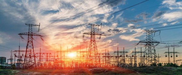 Electric substation with power lines and transformers