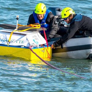 Teams competing in the Waves To Water American Made Water Prize contest deploy their desalination devices from Jennette’s Pier in the Outer Banks of North Carolina. 